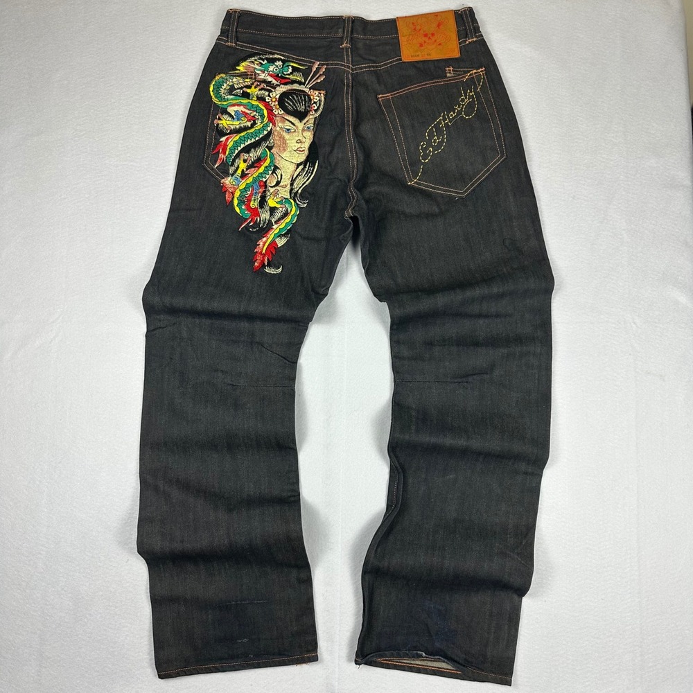 Vintage Y2K Ed Hardy Geisha Dragon Embroidered Jeans Black Denim 34x34